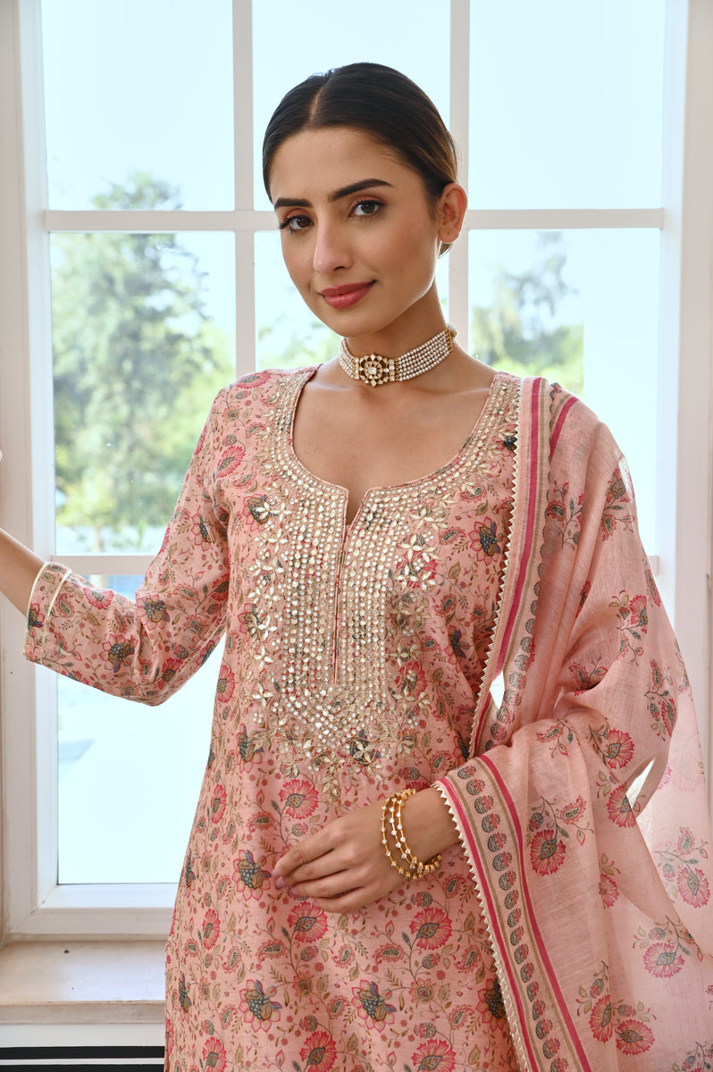 Made to Measure Pink Embellished Kurta Set With gota patti embroidery and tiered sharara
