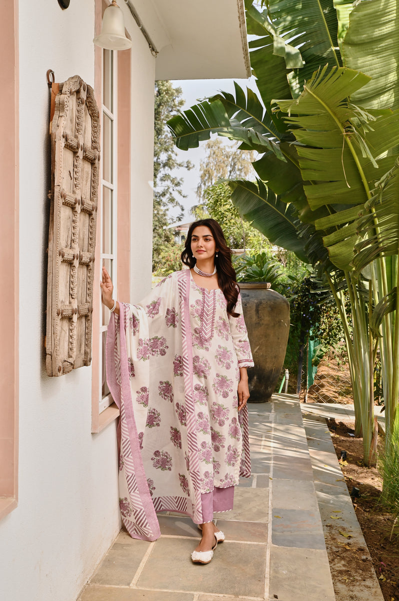 Women Floral embroidered Purple v_neck Pure Cotton Kurta With Trouser & Dupatta Set