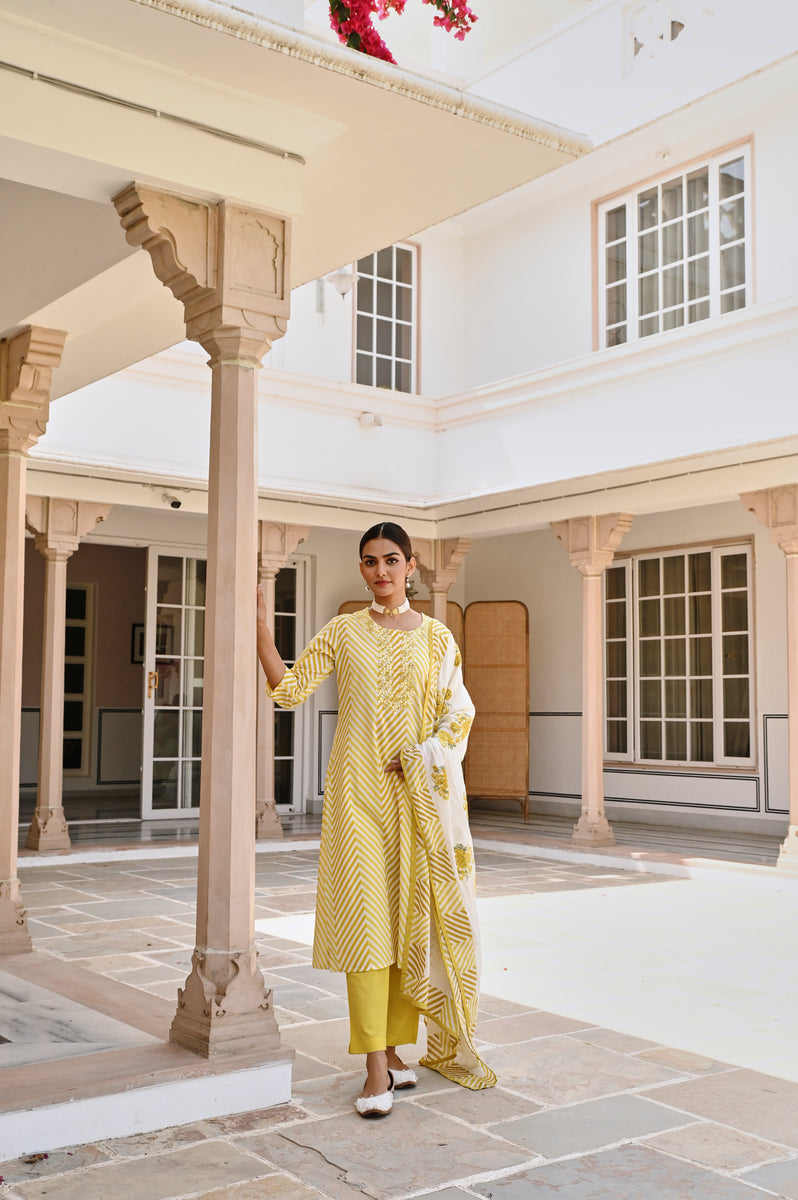 Yellow Leheriya Embroidered A-Line Kurta Set For Women & Lehenga Choli Set For Girl