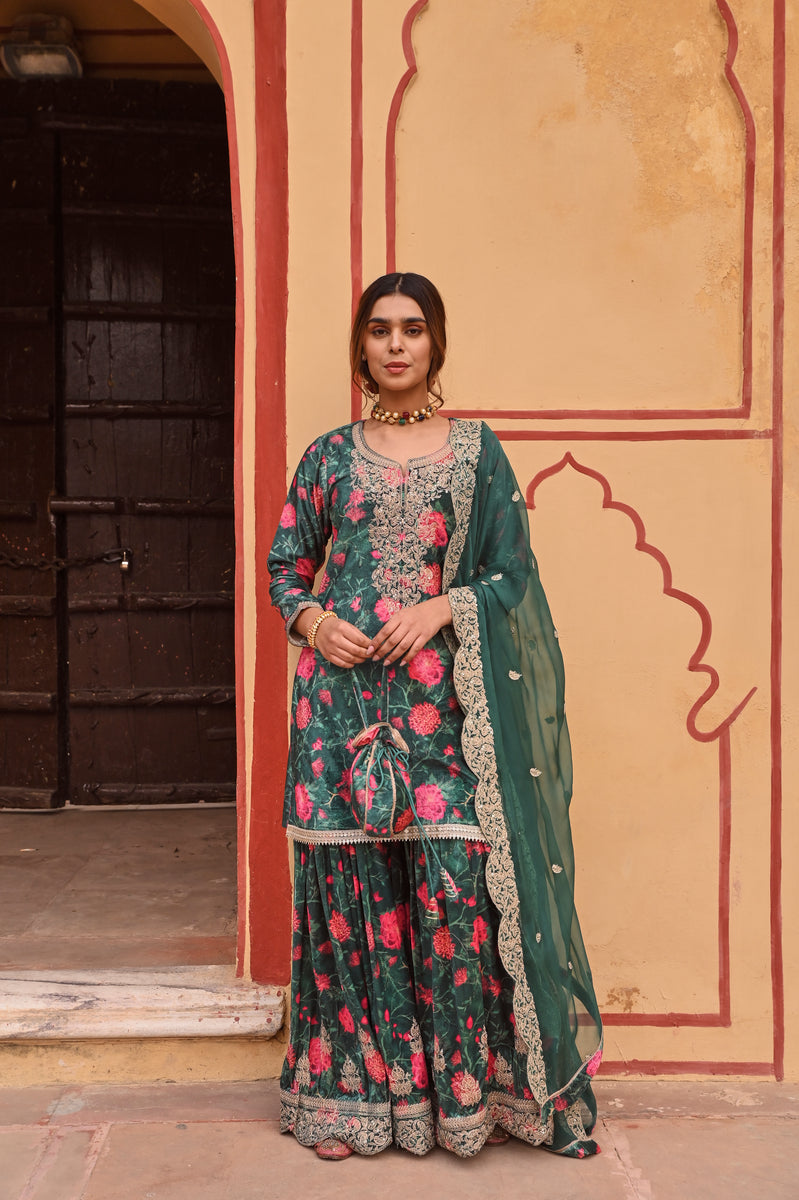 JEWELLED GREEN BUTTERFLY FLAP SHARARA SAREE