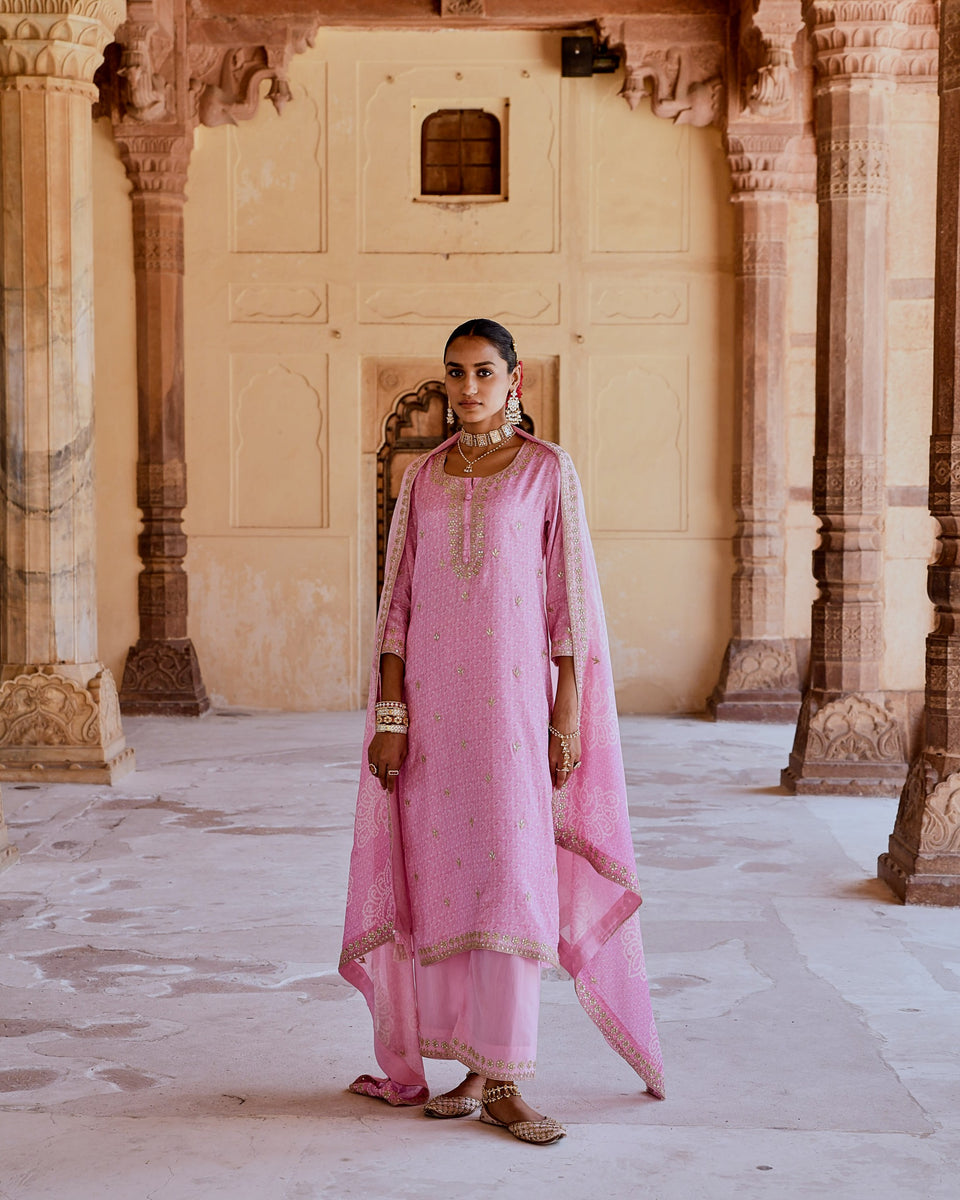 Pink Dori Embroidered Jacquard Straight Rayon Kurta with Palazzo and Dupatta Set
