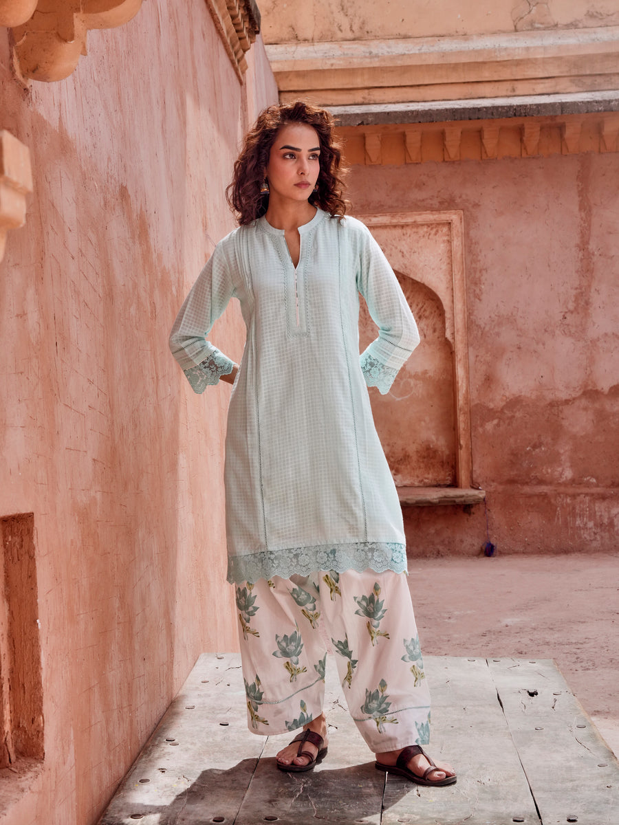 POWDER BLUE CHECKS MULMUL KURTA WITH FARSI SALWAR – Karaj Jaipur