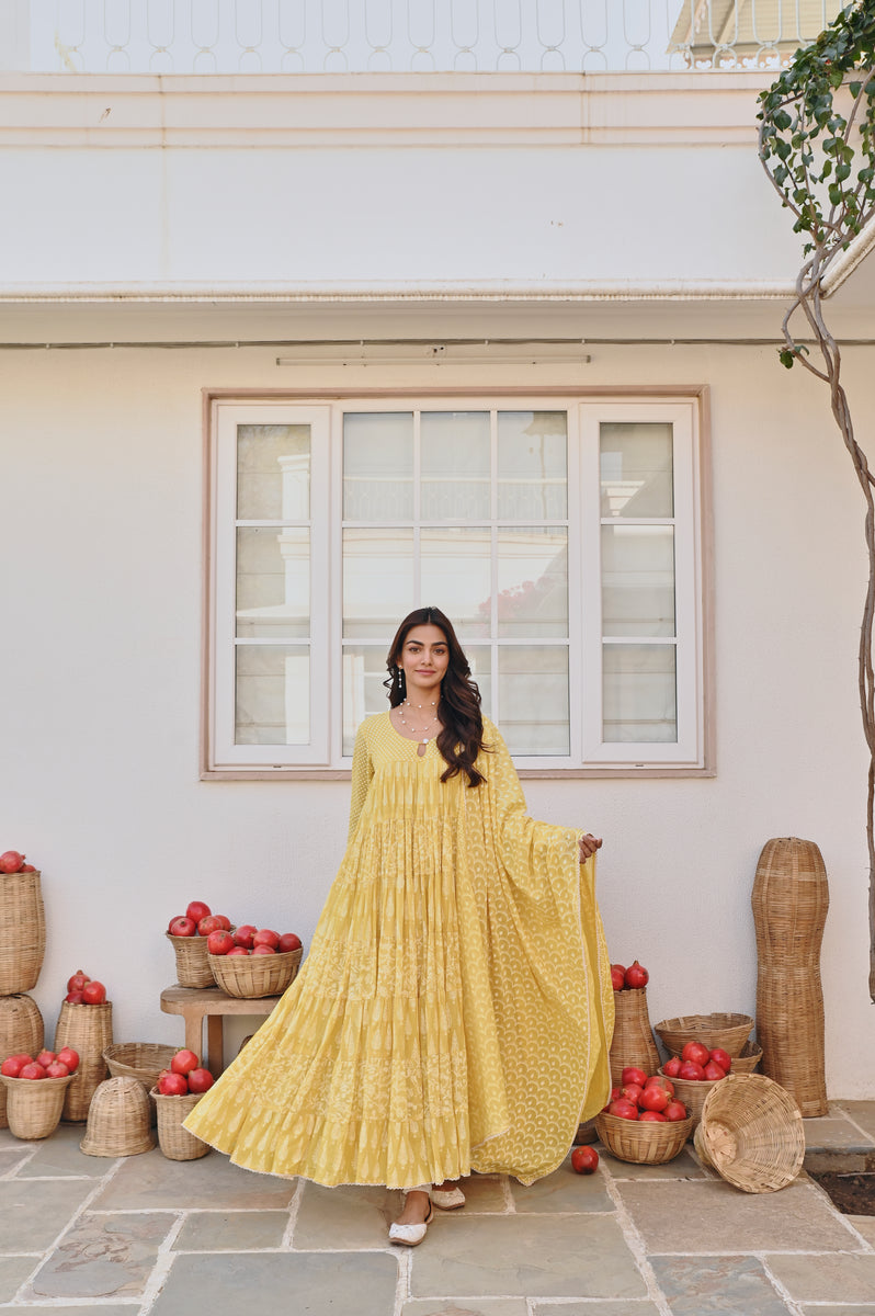 Karaj Jaipur Mulmul Yellow Tiered Anarakli Set – Dogri Designs Private ...