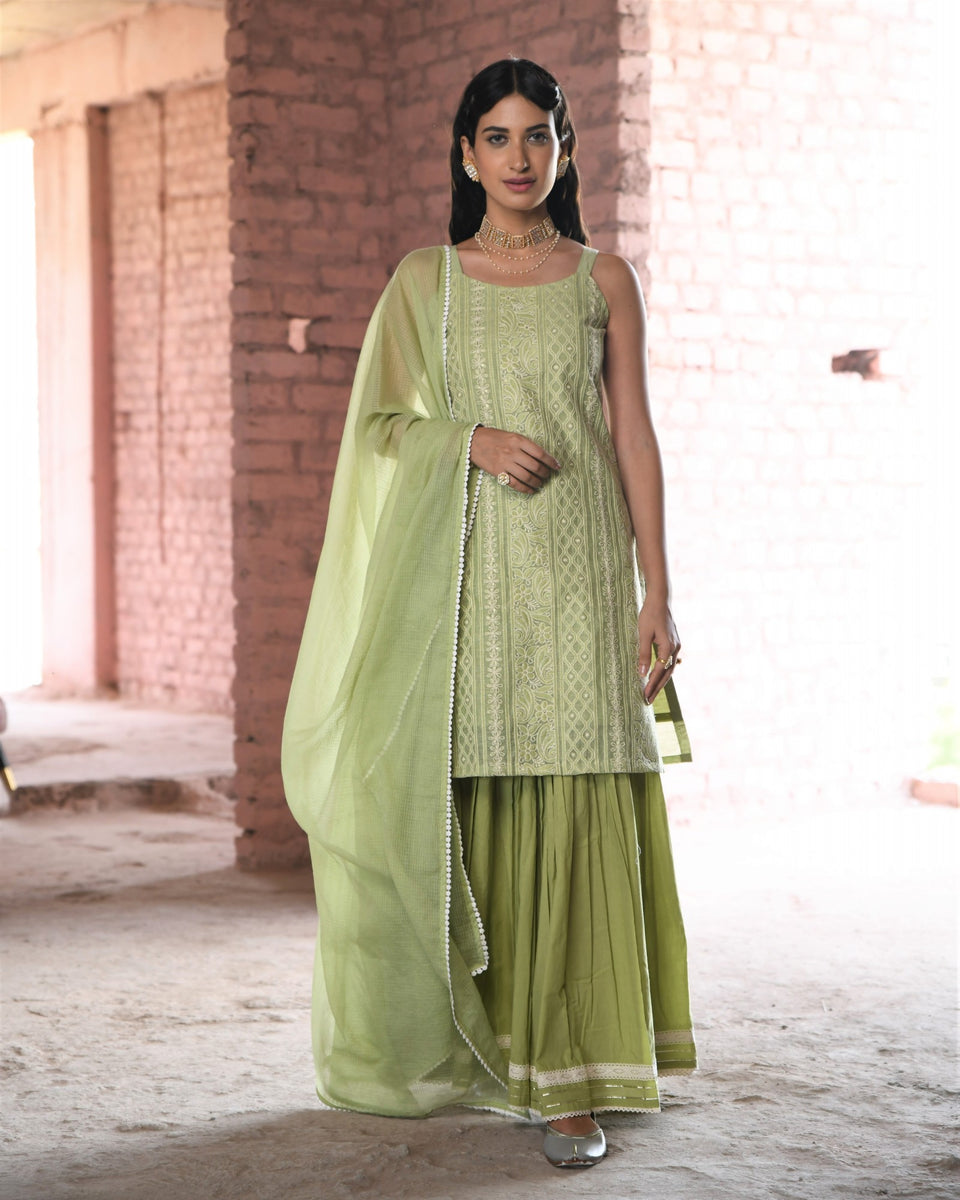 Karaj Jaipur Hoor Green Sharara Set