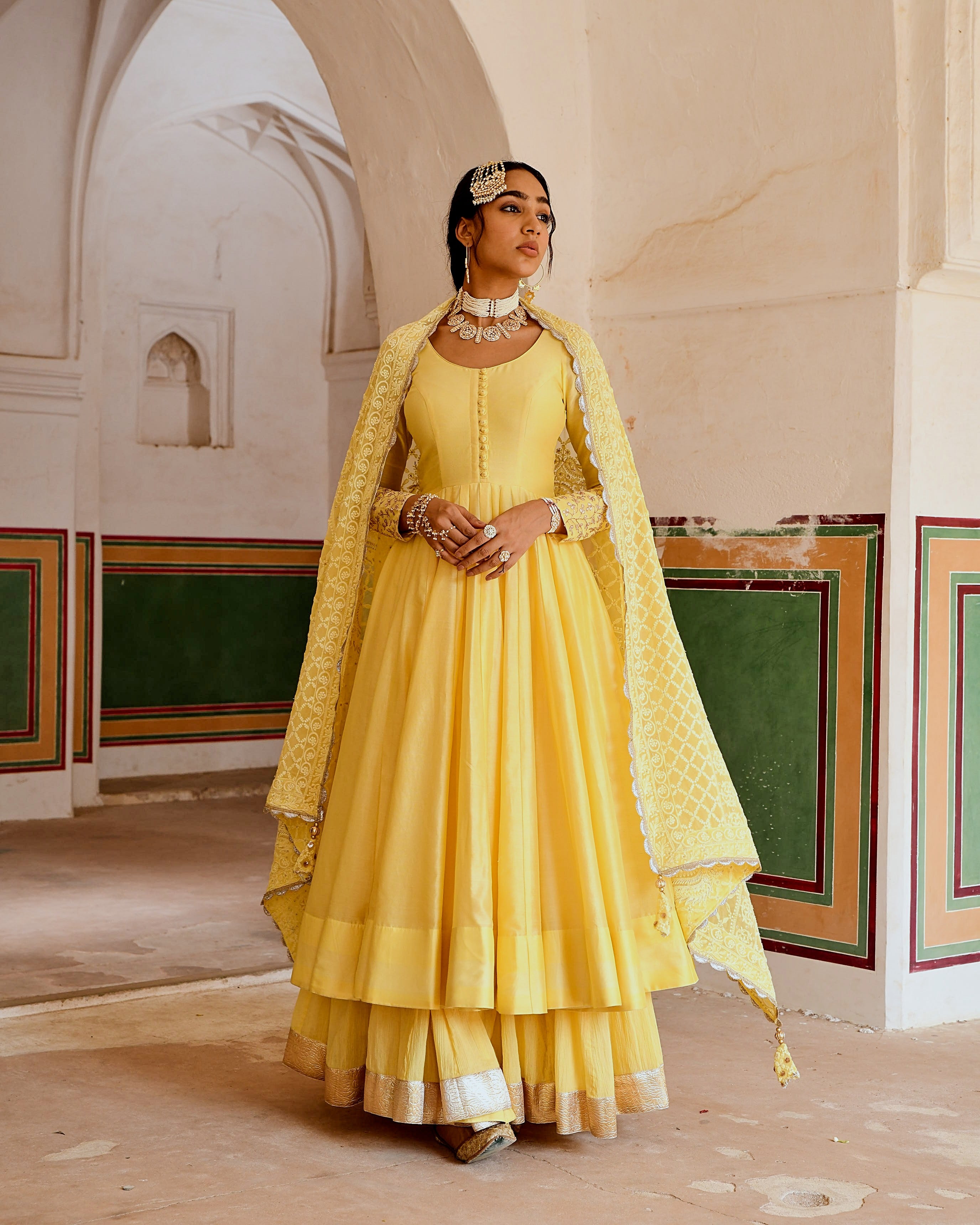 Karaj Jaipur Inaayat Yellow Anarkali With Flared Skirt Set 4XL Karaj Jaipur Inaayat Yellow Anarkali With Flared Skirt Set 4XL