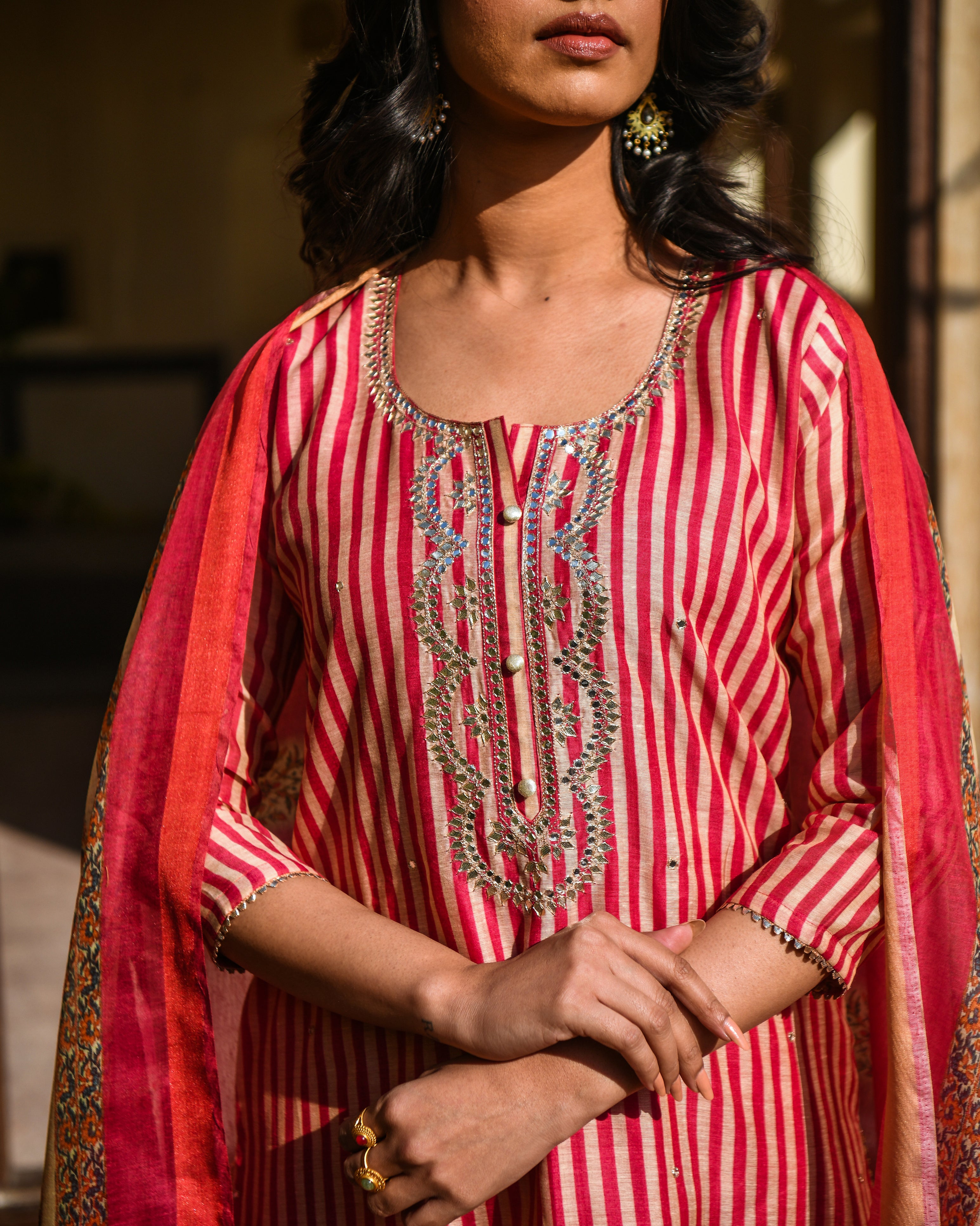 PINK CHANDERI GOTA MIRROR KURTA SET Karaj jaipur